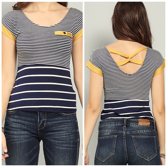 Papaya Tops - Papaya Striped Blouse w/ Yellow Crisscross Back